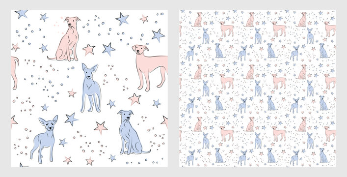 Pattern design with funny mini Pinscher dogs doodles, sketch style, seamless pattern.  textile, wrapping paper, blue background graphic design.Wallpaper for Babies and kids. Blue and Pink linen style.