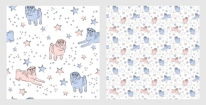 Pattern design with funny Pug dogs doodles, sketch style, seamless pattern.  textile, wrapping paper, blue background graphic design.Wallpaper for Babies and kids. Blue and Pink linen style with mops.
