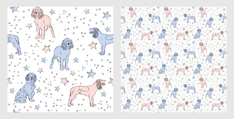 Pattern design with funny springer spaniel dogs doodles, sketch style, seamless pattern.  textile, wrapping paper, blue background graphic design. Wallpaper for Babies and kids. Blue and Pink linen.
