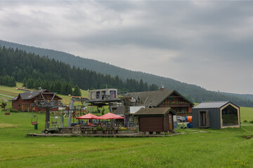 Mountain village in Jesenik mountains. Lower station of chairlift. Ski nad tourist centre in the Czech Republic.