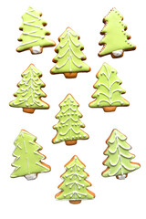 Homemade gingersnap covered with icing, delicious cookie with Christmas tree shaped