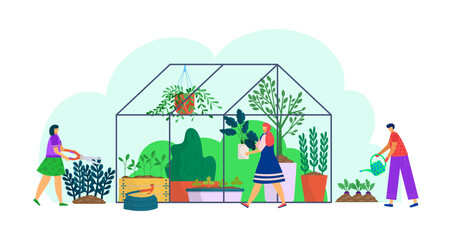 Plant grow in greenhouse, garden nature at building, vector illustration. Cartoon gardening with green agriculture plant, flower. Flat man woman