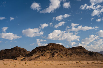 Fototapeta na wymiar Wadi Rum Desert Landscape in Jordan with Hill and Cloudy Sky