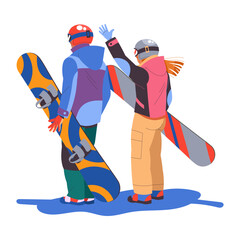 Man and Woman with Snowboard Standing in Helmet and Sportive Wear Vector Illustration