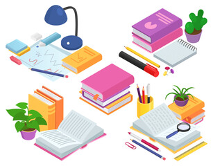 Isometric education concept, vector illustration. 3d symbol design, flat book icon with knowledge, studying object set. Cartoon device for learning