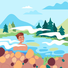 Obraz na płótnie Canvas Young Man Character Swimming Enjoying Spa and Bath Thermal Pool Procedure at Nature Vector Illustration