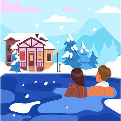 Young Man and Woman Character Swimming in Pool at Snowy Resort Hotel Enjoying Spa and Bath Thermal Procedure at Nature Vector Illustration