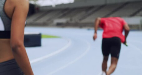 Team, running and relay sports fitness, cardio training and runner exercise with baton on stadium track. Teamwork, athlete workout and wellness run motivation or speed challenge on race track - Powered by Adobe