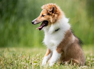 Closeup of an adorable Sheltie puppy, furry dog captured playing on the green grass