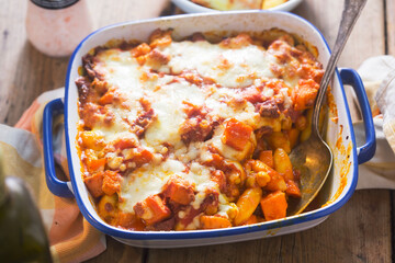 Gnocchi, pumpkin, chickpeas bale in tomato sauce with cheese 