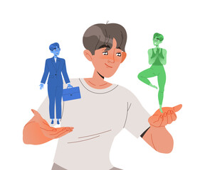 Man Character Choosing Between Health and Work Having Dilemma Comparing Vector Illustration