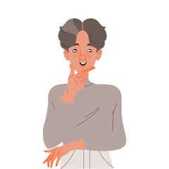 Pensive Man Character Thinking and Considering Something Scratching His Chin Vector Illustration