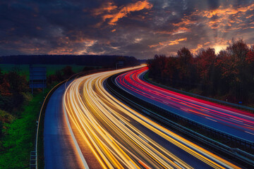 Langzeitbelichtung - Autobahn - Strasse - Traffic - Travel - Background - Line - Ecology - Highway - Night Traffic - High quality photo - obrazy, fototapety, plakaty