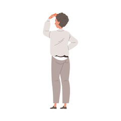 Back View of Standing Man Scratching Head Looking at Something Vector Illustration