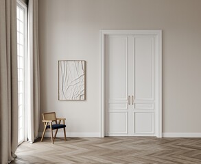 Empty classic interior, space with a large window, white classic door, wooden chair and bas-relief art on the wall, parquet on the floor. 3D rendering illustration mockup.