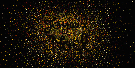 "JOYEUX NOEL" meaning Merry Christmas in french Golden glitters heart on a black background illustration