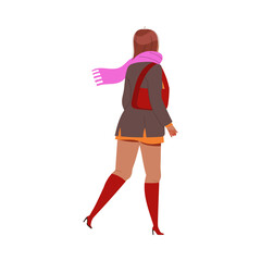 Woman Character in Purple Scarf with Handbag Walking Back View Vector Illustration