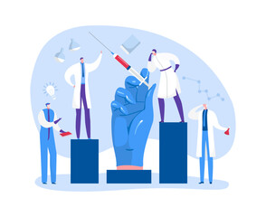 Medicine, science research about vaccine vector illustration. Man woman character work against virus at laboratory concept. Scientist develop vaccine