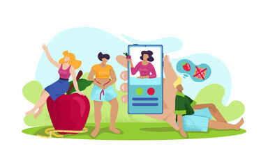 Nutrition flat app for male female diet, vector illustration. Cartoon meal menu for weight loss, man woman character with organic product.