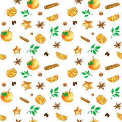 Drawn oranges seamless pattern. Winter holidays. Cinnamon. Orange. Christmas. Fruity festive fabric print. Citrus. Cookie. Watercolor Christmas pattern. Tablecloth.
