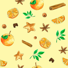 Drawn oranges seamless pattern. Winter holidays. Cinnamon. Orange. Christmas. Fruity festive fabric print. Citrus. Cookie. Watercolor Christmas pattern. Tablecloth.
