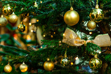 Beautiful,festive toys on the Christmas tree on New Year's Eve,close-up