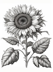 A sunflower drawing with leaves on its stem and a large sunflower in the top center, a digital illustration