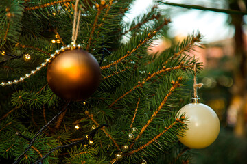 Beautiful,festive toys on the Christmas tree on New Year's Eve,close-up