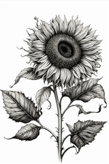 A sunflower drawing with leaves on its stem and a large sunflower in the top center, a digital illustration