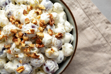Healthy Creamy Grape Salad in a Bowl, top view. Flat lay, overhead, from above. Space for text.