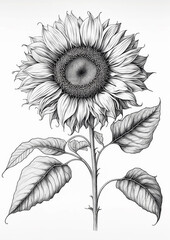 A sunflower drawing with leaves on its stem and a large sunflower in the top center, a digital illustration