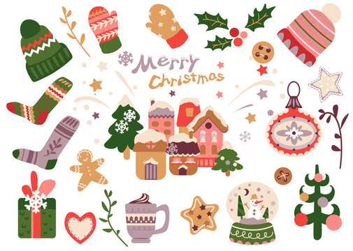 Set of colorful Christmas  items: houses, Christmas decorations,a glass ball,ginger cookies, Christmas trees, a gift, winter clothes.Vector illustration