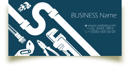 Business card concept for plumber. Plumbing tool for plumbing repair and service