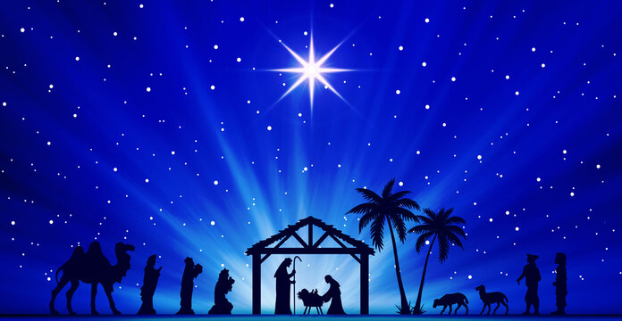 Christmas Nativity Scene. The adoration of Three Wise Men and shepherds in the desert. Greeting card banner background.
