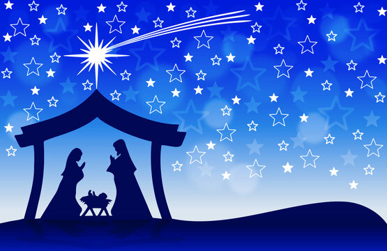Chritmas Nativity Scene on blue starry background. Greeting card background.