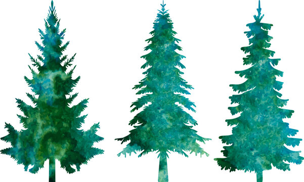set silhouette watercolor christmas tree nature design vector isolated