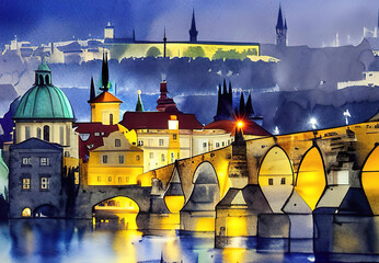 panorama of the town prague color art - obrazy, fototapety, plakaty