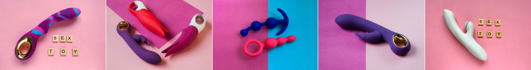 Collage of different assortment sex shop. Sex toys on pink background. Sex toys collage