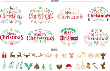 Merry Christmas typography badges and icons collection Illustration. Vector emblems holiday decoration set Bundle