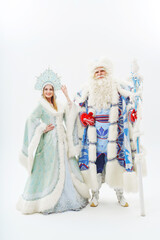 a traditional Father Frost and Snow Maiden costume on a white background.