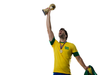 Brazilian soccer player, celebrating the championship with a trophy in his hand