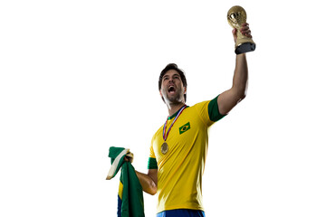 Brazilian soccer player, celebrating the championship with a trophy in his hand