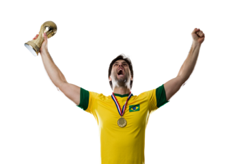 Brazilian soccer player, celebrating the championship with a trophy in his hand
