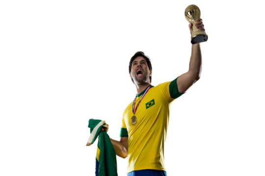 Brazilian soccer player, celebrating the championship with a trophy in his hand