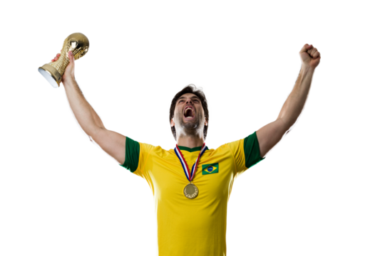 Brazilian soccer player, celebrating the championship with a trophy in his hand - Powered by Adobe