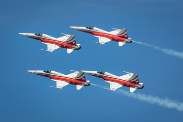 Close formation of several jet fighters from the swiss Patrouille Suisse military aerobatic team