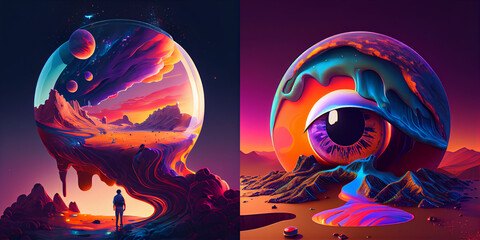 Surrealistic abstract illustration. 3D render. Colorful. Colorful background. Soft forms. Ai art, space composition, collection, ufo in the night
