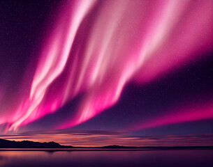 Northern Lights over lake. Aurora borealis with starry in the night sky. Fantastic Epic Magical Landscape of snowy Mountains and forest lake