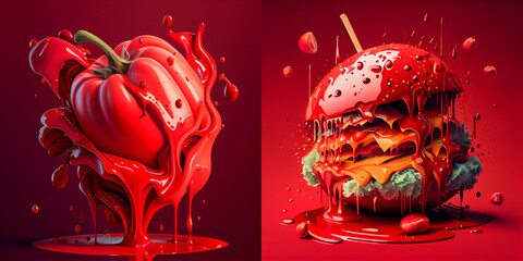 Surrealistic abstract illustration. 3D render. Colorful. Colorful background. Soft forms. Ai art, food composition, collection, Abstract art. Modern art. red and black dragon