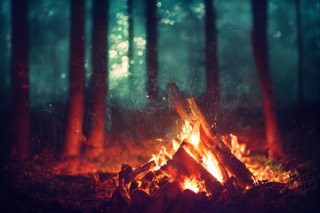 Campfire in the forest. Beautiful landscape of nature and trees. Sparks and flames. Rest by the...